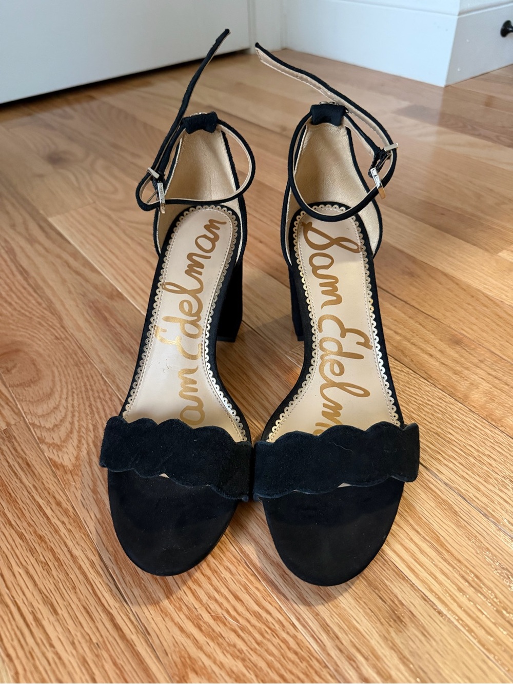 Sam Edelman Black Suede Scalloped Ankle-Strap Block Heels